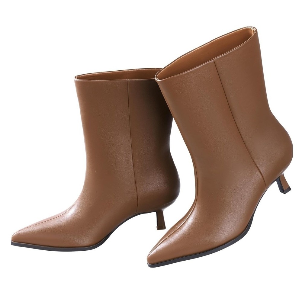 Ankis Womens Pointed Toe Kitten Heel Mid Calf Boots‎ Brown Vegan Leather 7.5 NEW